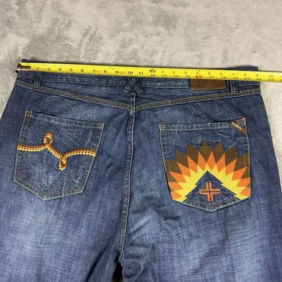 LRG Lifted Research Group Mens 42X32 Denim Blue Jeans Embroidered Cross